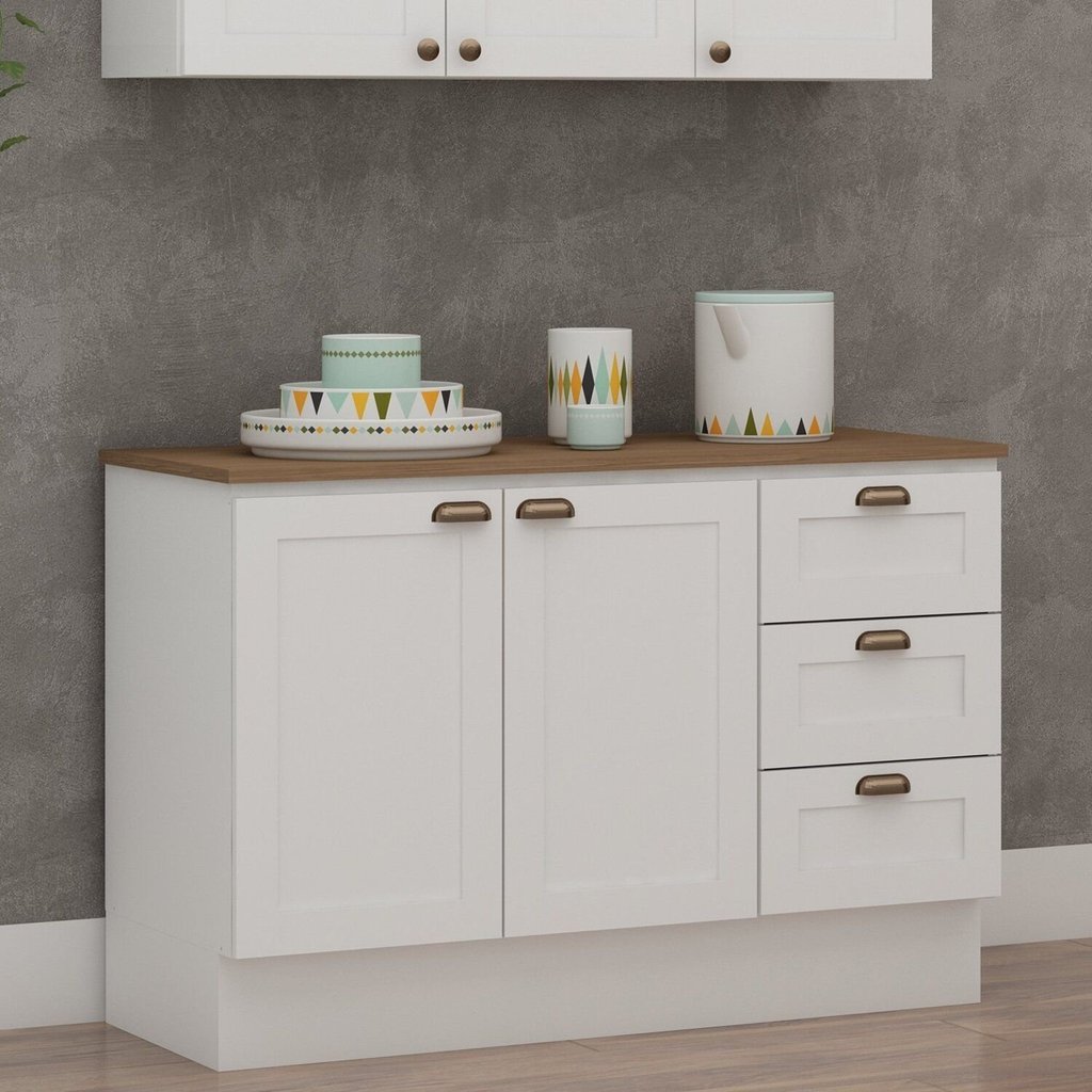Balcão 2 Portas 3 Gavetas 120cm Americano 100% MDF com Tampo e Rodapé Provençal Branco/Ébano