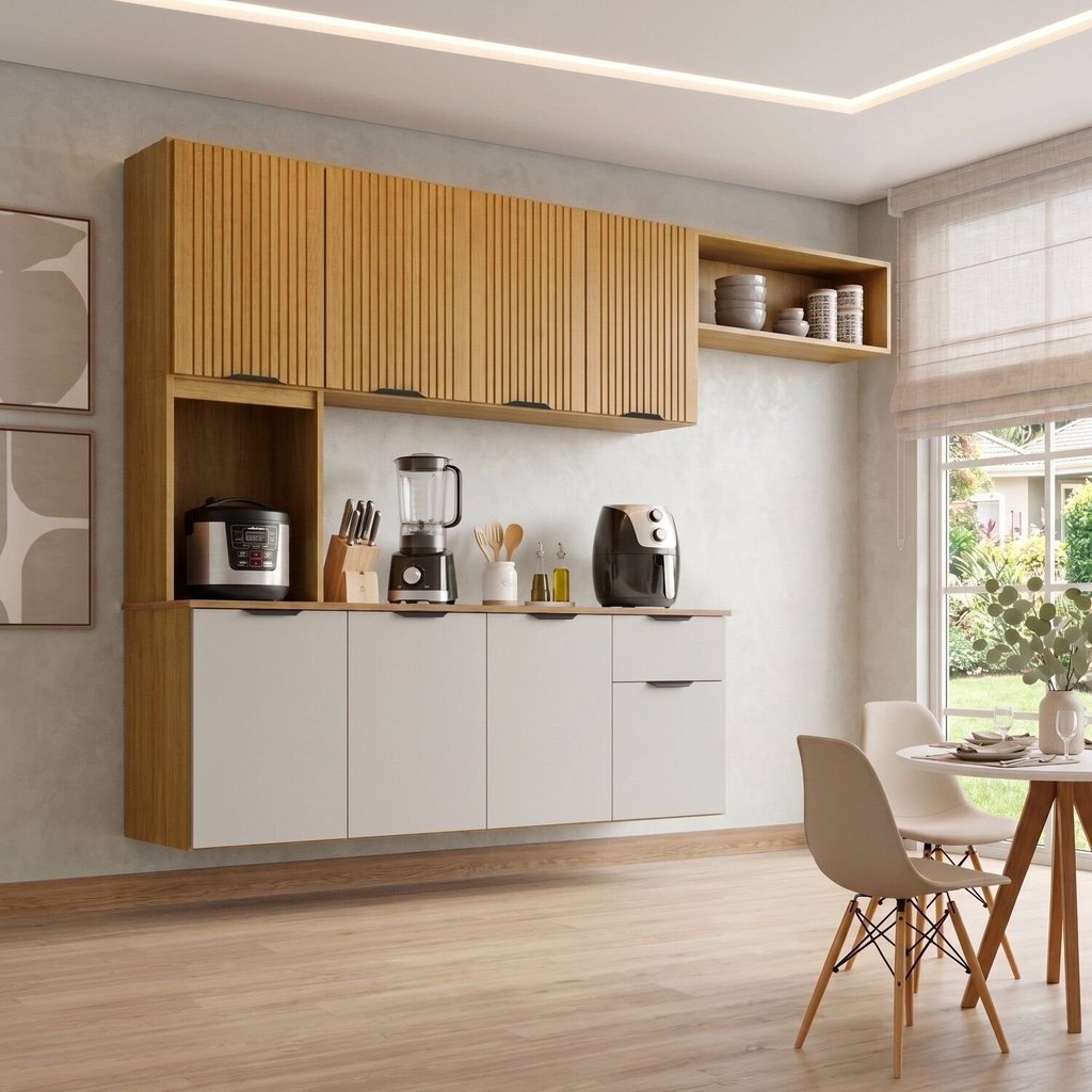 Cozinha Compacta com Nicho e Portas Frisadas MDF New Zarah Yescasa Bege/Cinamomo/Off White Acetinado