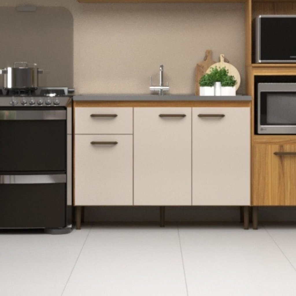 Balcão para Cozinha 3 Portas e 1 Gaveta 120 cm Marrom/Bege