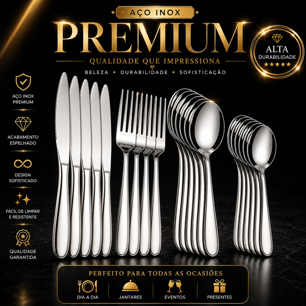Jogo de Talheres 12/24/36/48 Peças Conjunto Kit Garfo Faca e Colher Prime Cozinha Aço Inox Premium