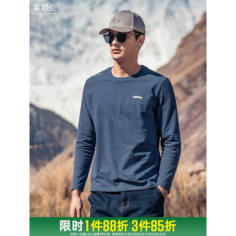 Britânico 230G pesado algodão de fibra longa masculino camiseta de manga comprida carta impressa camisa de fundo Casual 