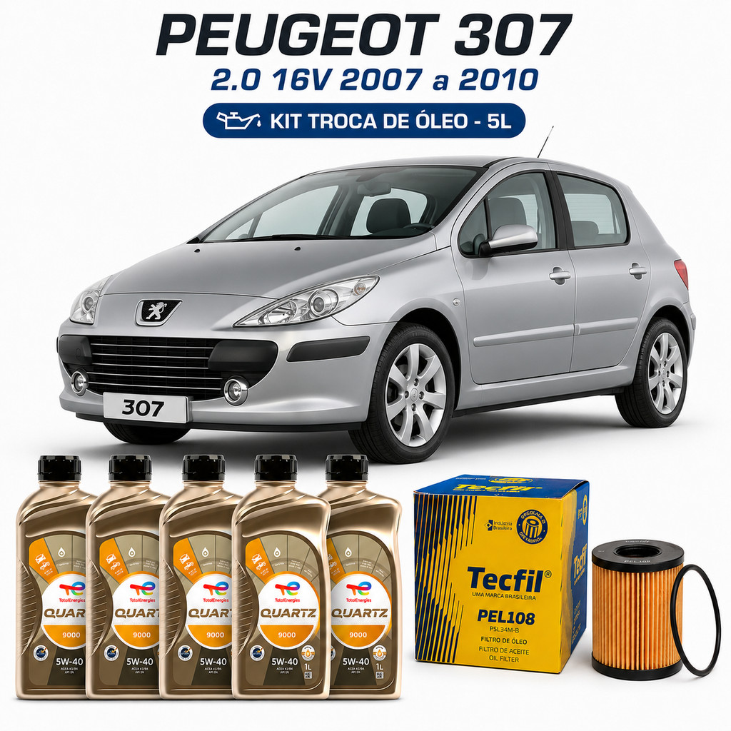 Kit Troca de Óleo PEUGEOT 307 2.0 16V 2007 A 2010 5L 5W40 TOTAL QUARTZ+PEL108