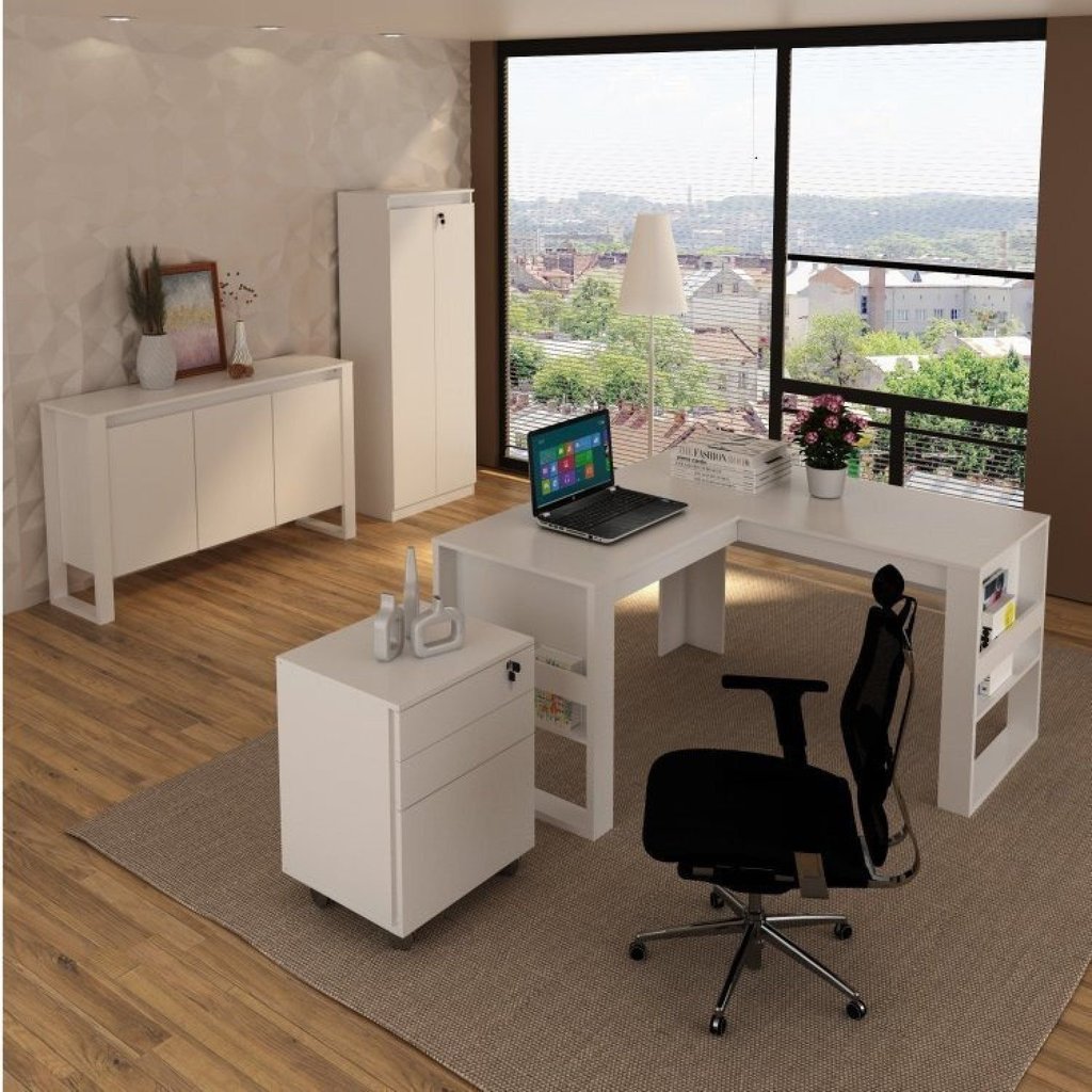 Conjunto 4 Peças com Mesa para Escritório em L, Gaveteiro, Armário Multiuso e Balcão Branco Branco