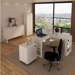 Conjunto 4 Peças com Mesa para Escritório em L, Gaveteiro, Armário Multiuso e Balcão Branco Branco