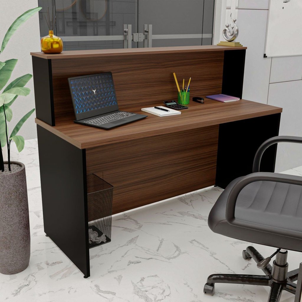 Balcão Atendimento Recepção Consultório 140x60cm Marrom/Nogal Nogal/Preto