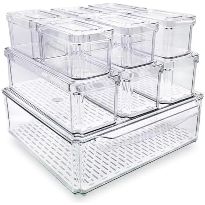 Pacote Com 10 Caixas Organizadoras De Geladeira Transparentes Tampas & amp ; Furos De Drenagem , Conjunto De Recipientes