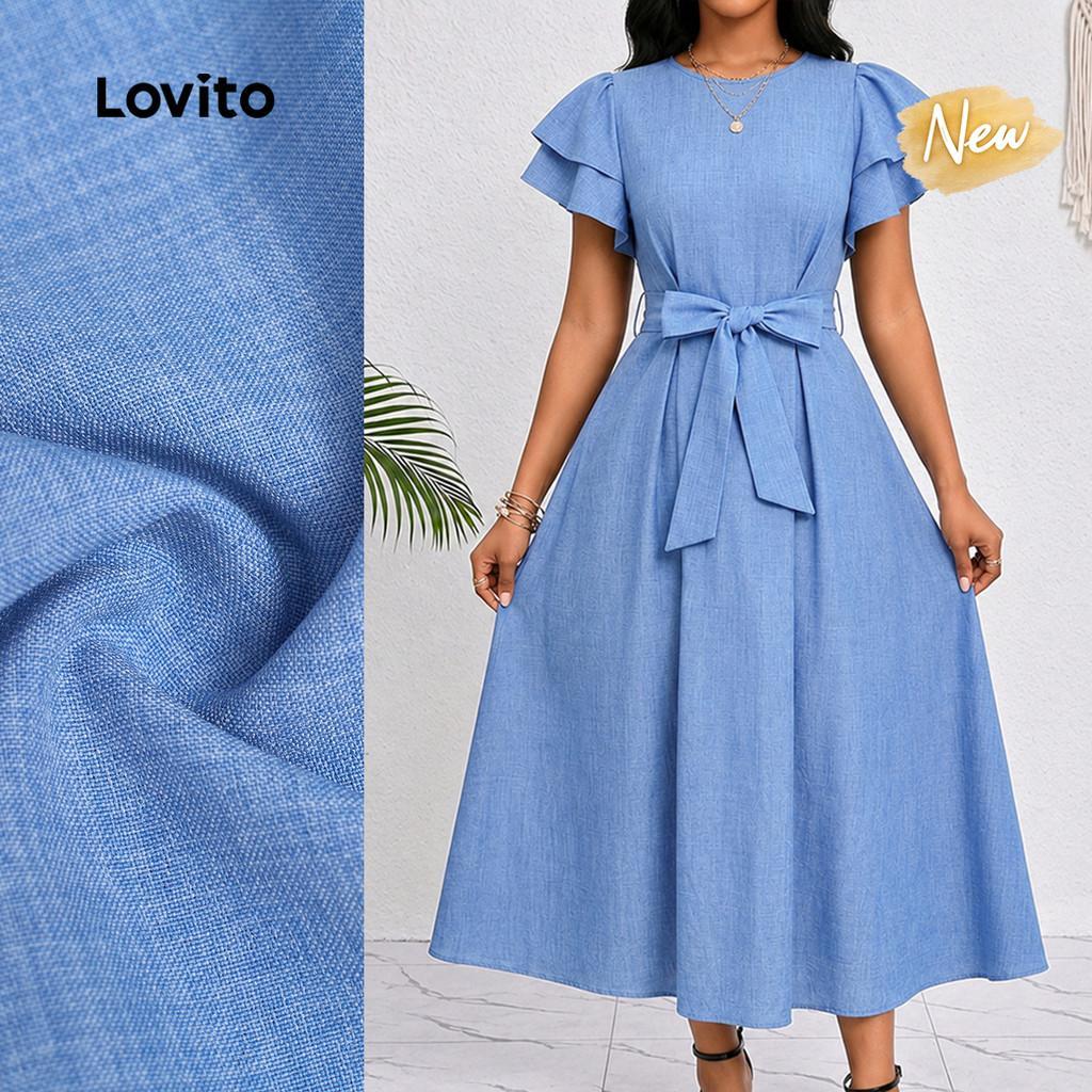 (New Arrival) Lovito Vestido Elegante com Cinto Vestido Azul de Duas Camadas par