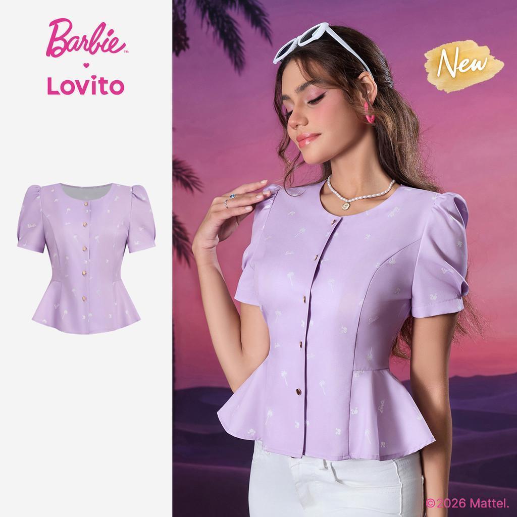 (New Arrival) Barbie™ X Lovito Blusa Roxa Feminina Gola V Manga Curta Botões Fro