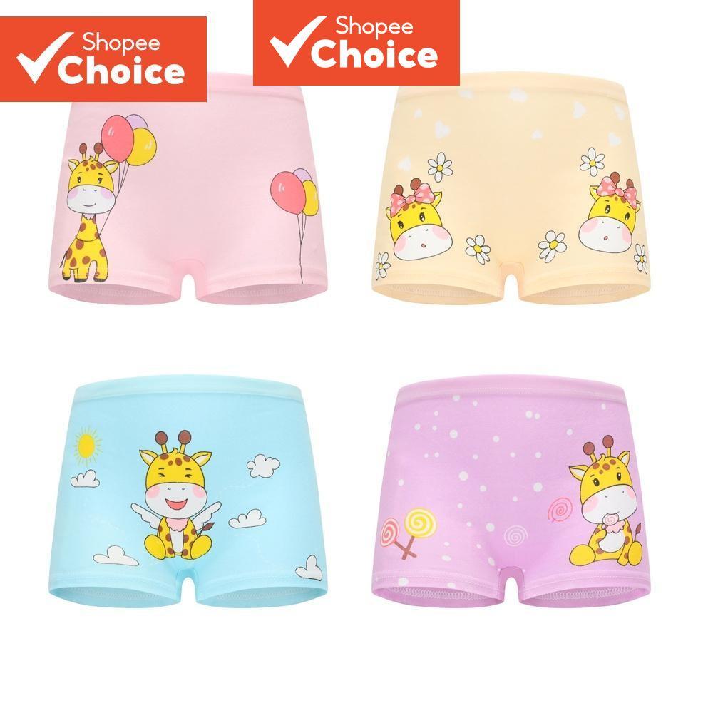 Pacote Com 4 Roupas Íntimas De Algodão Macio Para Bebês Meninas | Cuecas Boxer Fofas De Desenho Animado Idades De 2 A 12