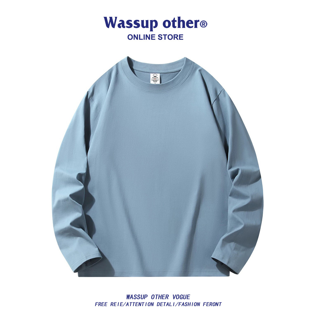 WASSUP OUTRO Algodão Puro Camiseta de Manga Comprida Masculina Americana Pesada Cor Sólida Camisa de Fundo Primavera Out