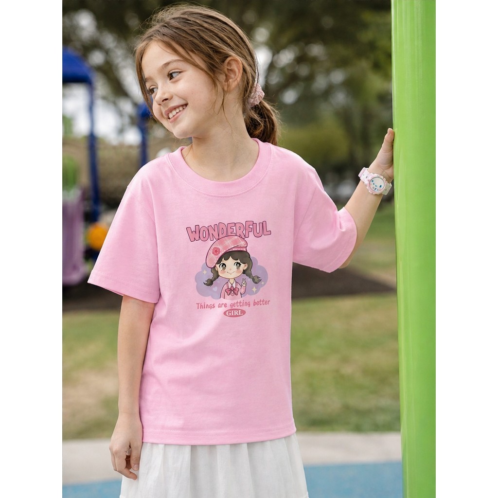 Meninas Algodão Manga Curta Camiseta Bonito Dos Desenhos Animados Menina Maravilhosa Impressão Crianças Verão Moda Topo