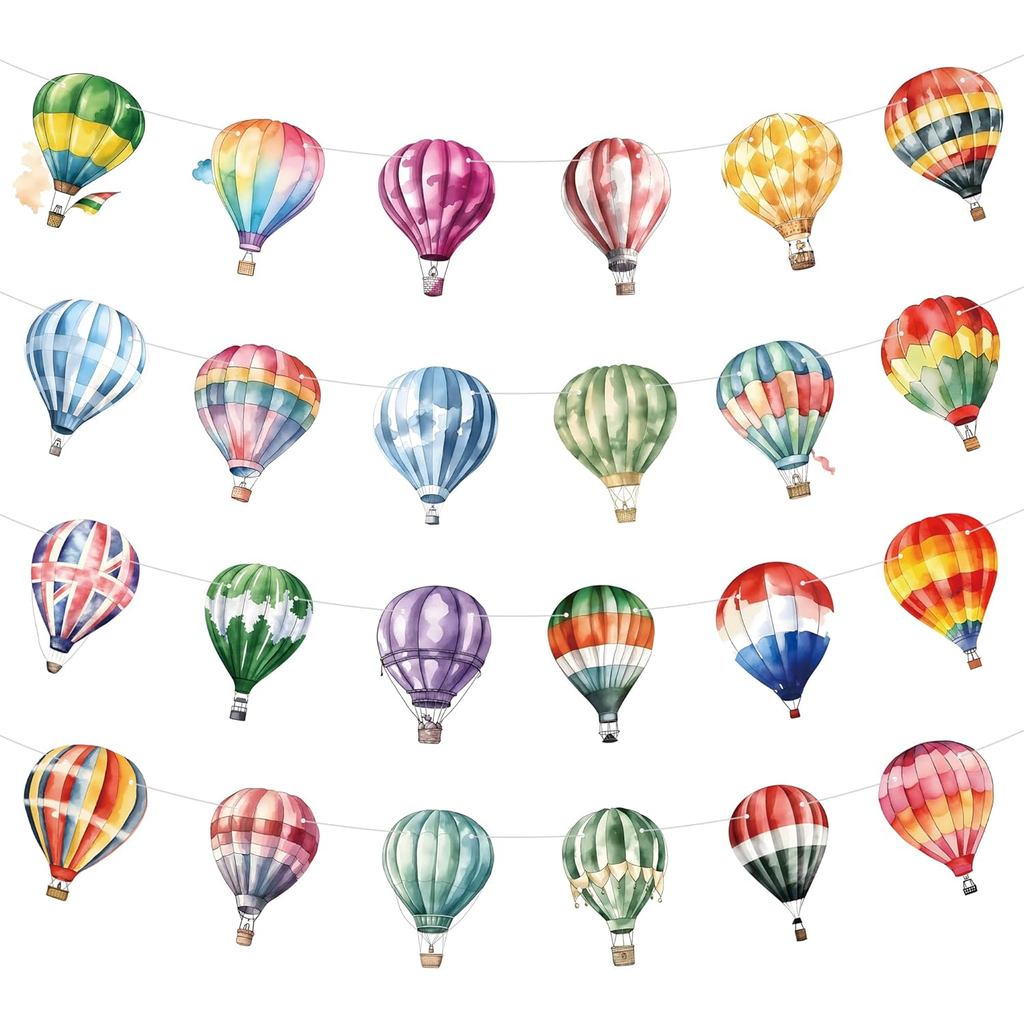 Conjunto de 4 Faixas Decorativas com Tema de Balão de Ar Quente – Faixas de Balões em Aquarela para Festas, Decoração de