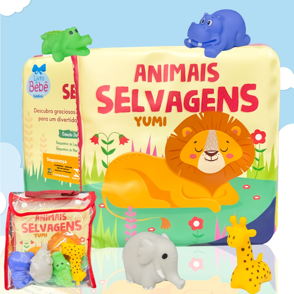 Livro Infantil De Banho Para Bebês Animais Selvagens - Livro + Bolsa + 4 Animais Fofinhos Brinquedos Para Banho