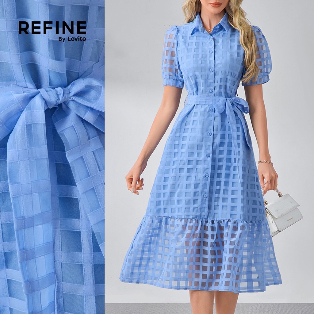(Elegante) (Refine by Lovito) Vestido de Botões com Cinto para Primavera/verão A