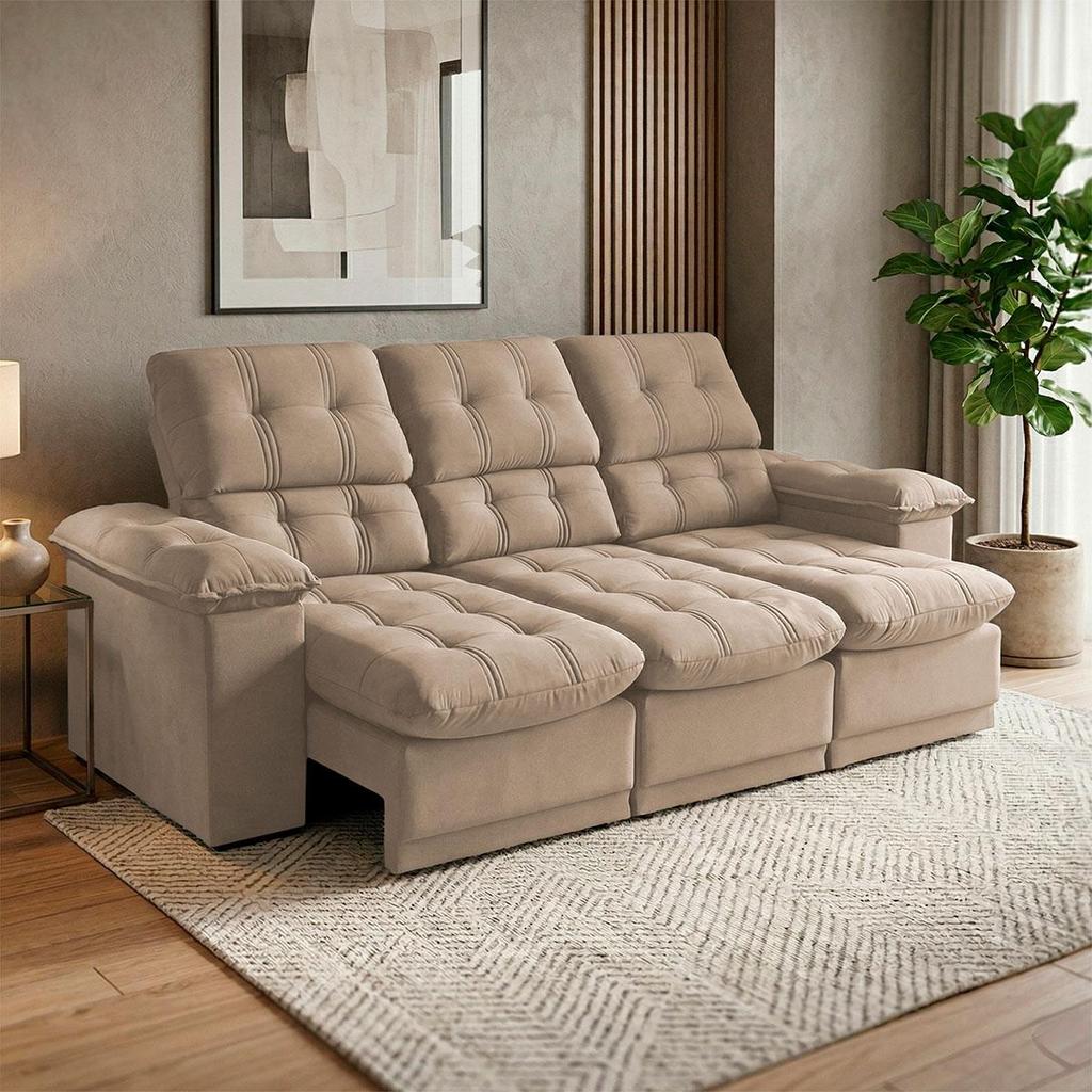 Sofá Retrátil Reclinável Atenas 2,30m Suede Velut Bege c/ Molas no Assento - King House