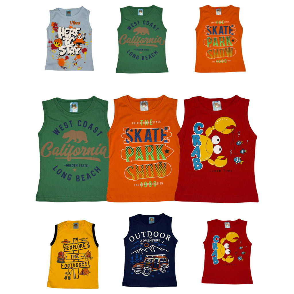 Kit 3 Regatas Infantil Menino Básica Estampada Sortido Tamanho 1 ao 8 anos Casual