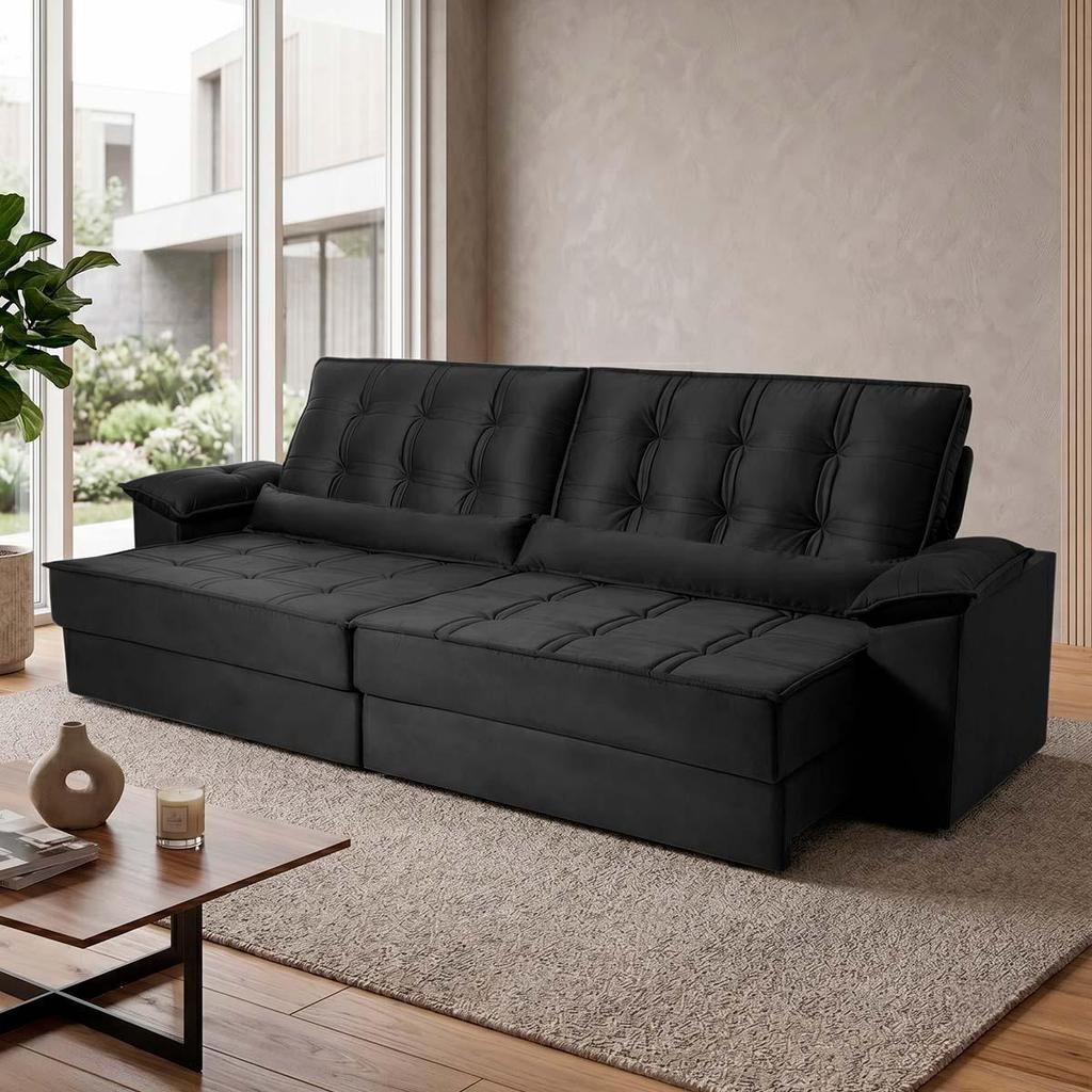Sofá Retrátil Reclinável 2,50m Ascari Suede Velut Preto molas Ensacadas - King House