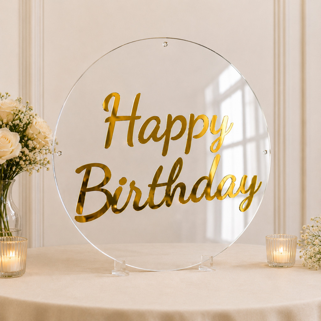 sl-Placa de acrilico para decoracao de festa Oferta - Acrílico cristal + Acrílico espelhado happy birthday-Ofertas