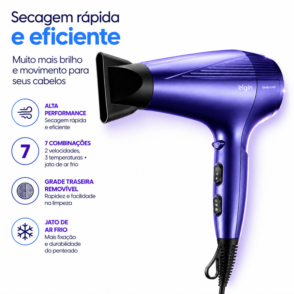Secador de Cabelo  Glossy Color 2000W Secagem Rápida 