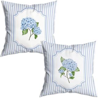 Capas de Almofada Vintage com Estampa Floral de Hortênsias em Listras Azuis e Brancas 18x18, Conjunto de 2, Decoração Fl