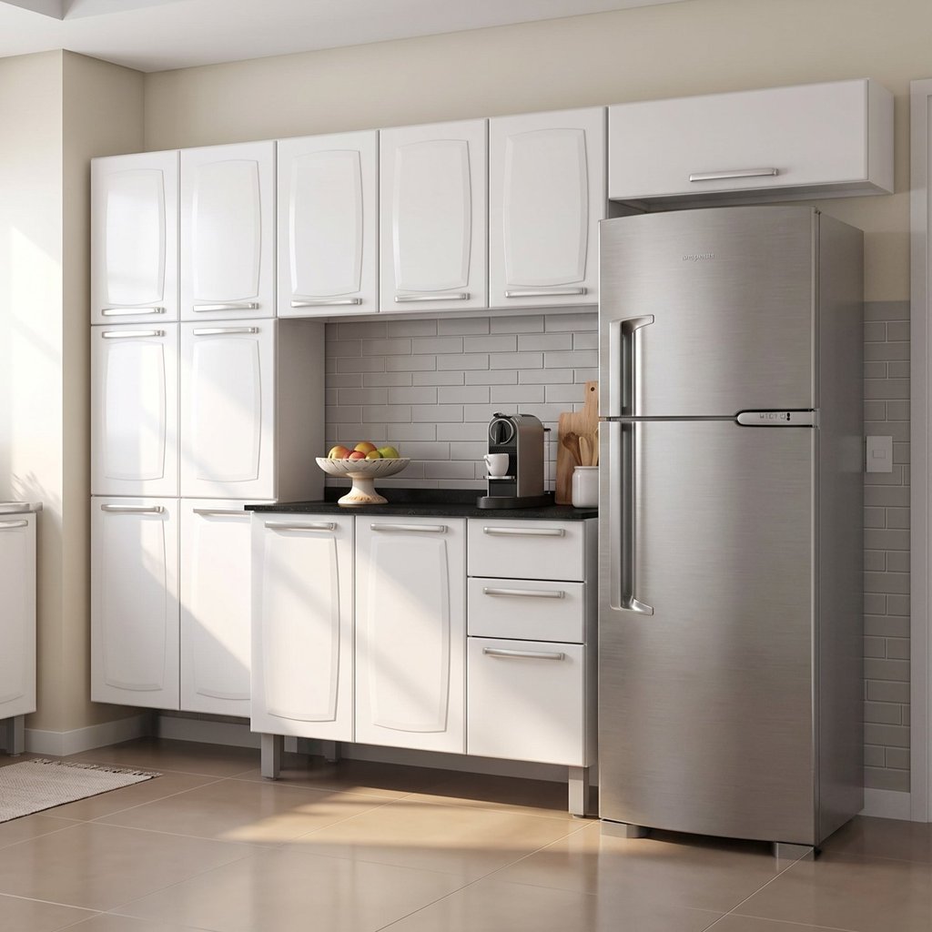 Cozinha Completa Modulada 4 Peças em Aço com Paneleiro e Balcão com Tampo Luce Itatiaia Branco Branco