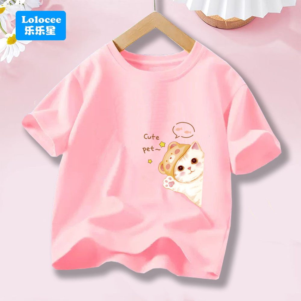 Meninas Manga Curta Topo Kawaii Escondido Gatinho Impressão Gráfica Pele Amigável Algodão Crianças Camiseta