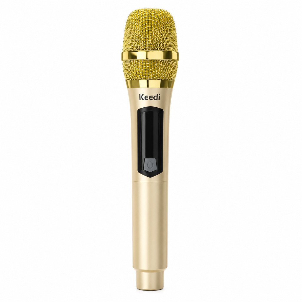 Microfone Sem Fio Profissional 2.4GHz Recarregável Receptor P10 Alcance 40m USB-C Karaokê Apresentações Dourado MIC-1028