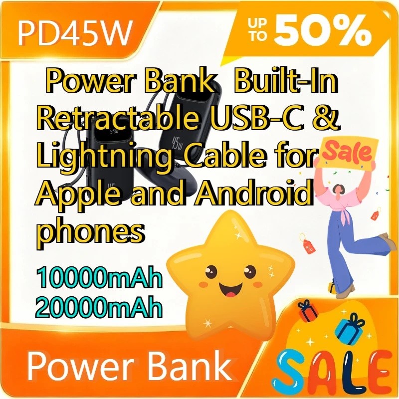 45W 10000mAh/20000mAh Power Bank Embutido Retrátil USB-C E Cabo Relâmpago Para i