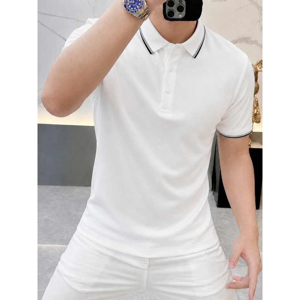 Camisa polo masculina de manga curta de cor contrastante de alta qualidade verão estilo fino respirável negócios Casual 