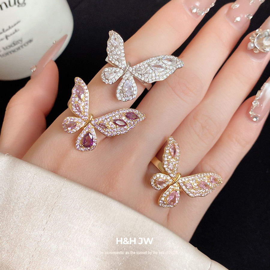 Piscando diamante borboleta anel aberto feminino nicho Design anel requintado moda única acessórios de mão acessórios de