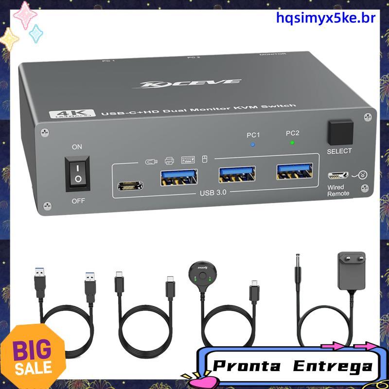 4K USB C KVM Switch 2 Monitores 2 Computadores , 4K @ 60Hz Monitor Duplo 3.0 Typ