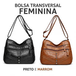 Bolsa Transversal Feminina Couro Sintético com Zíper, Alça Ajustável, Vários Bolsos, Preto ou Marrom
