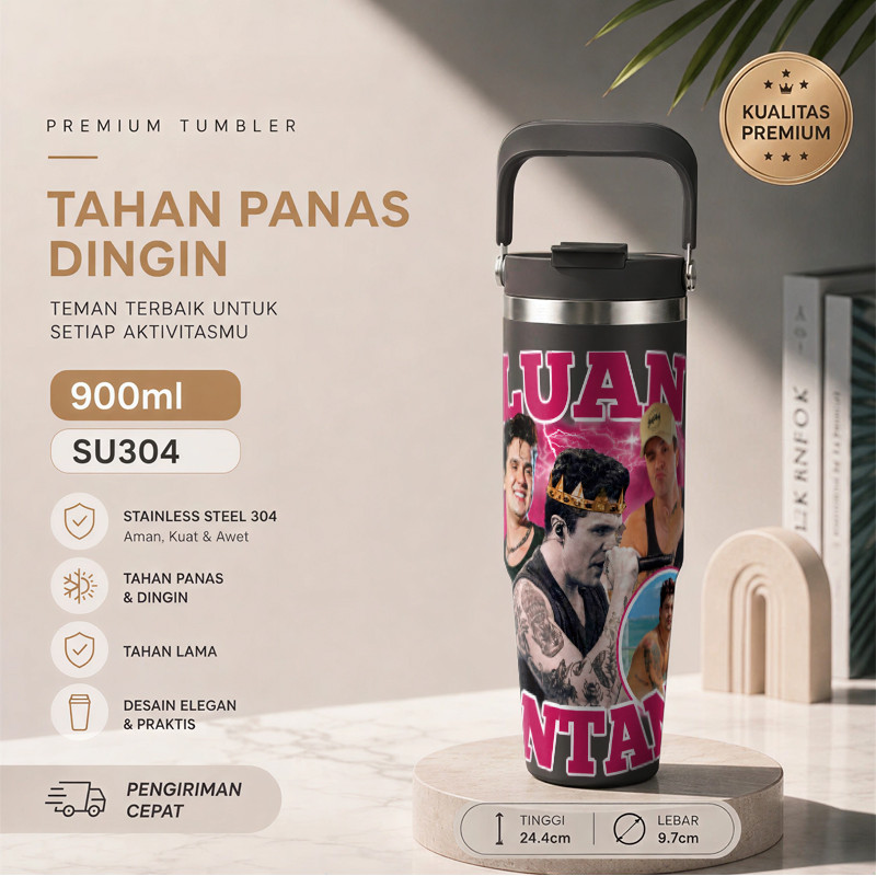 Copo Isolado De Aço Inoxidável Grande LUAN SANTANA Padrão 900ml Com Tampa , Canudo E Alça Portátil