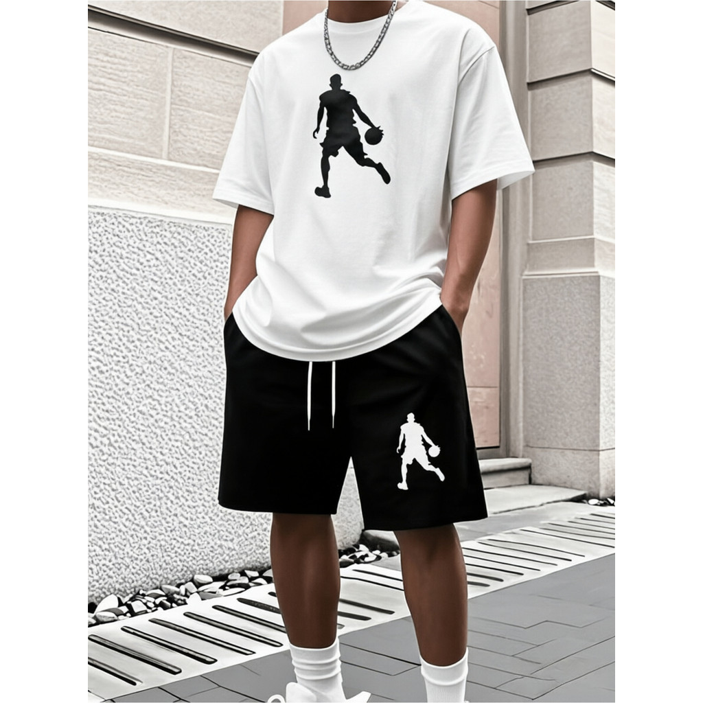Conjunto Masculino de Camiseta e Shorts Esportivos Casuais da Moda - Respirável, Confortável, com Estampas Divertidas.