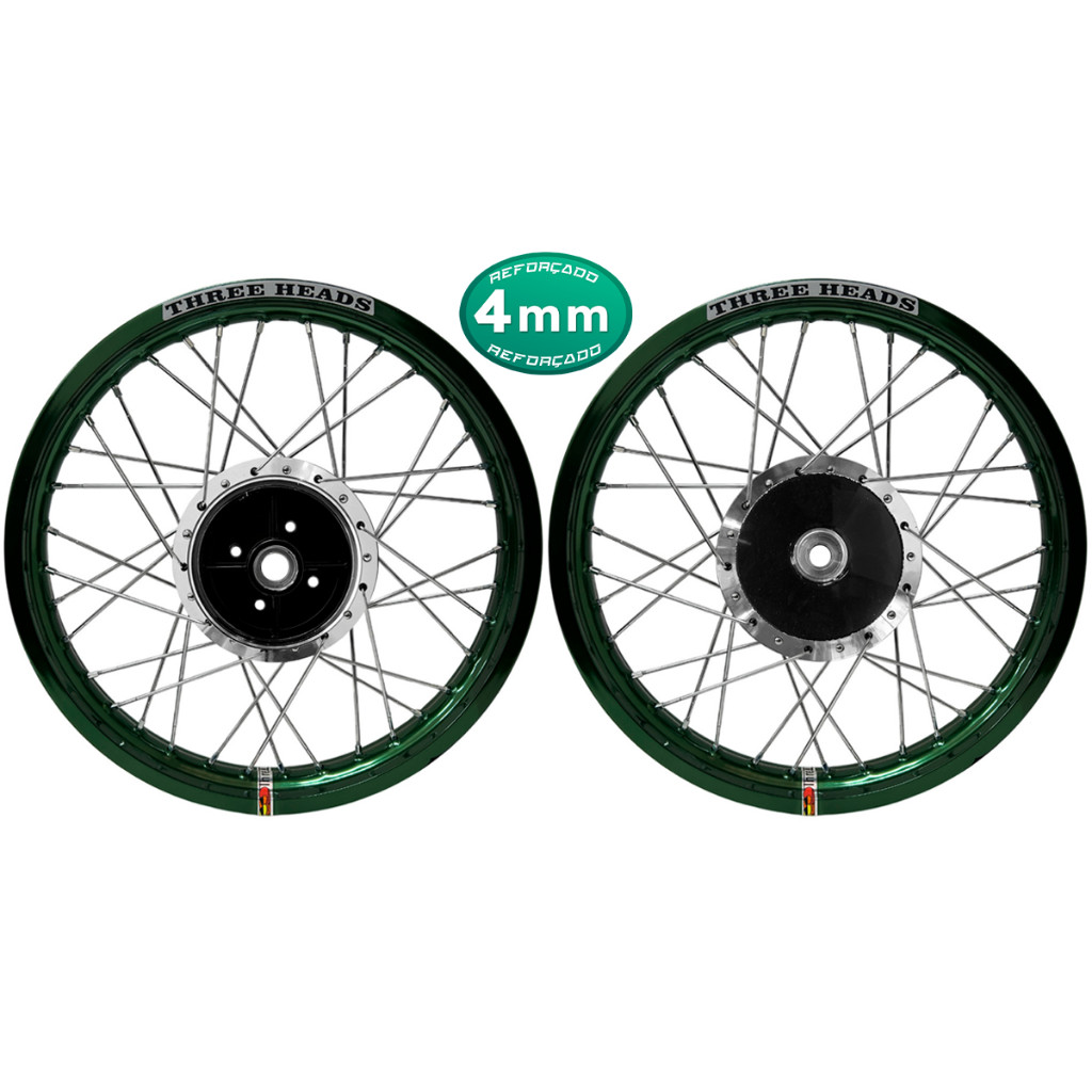 Par Roda Three Heads Verde Musgo Tambor Diamantado Ybr 125 / Factor Raios 4mm Cromado