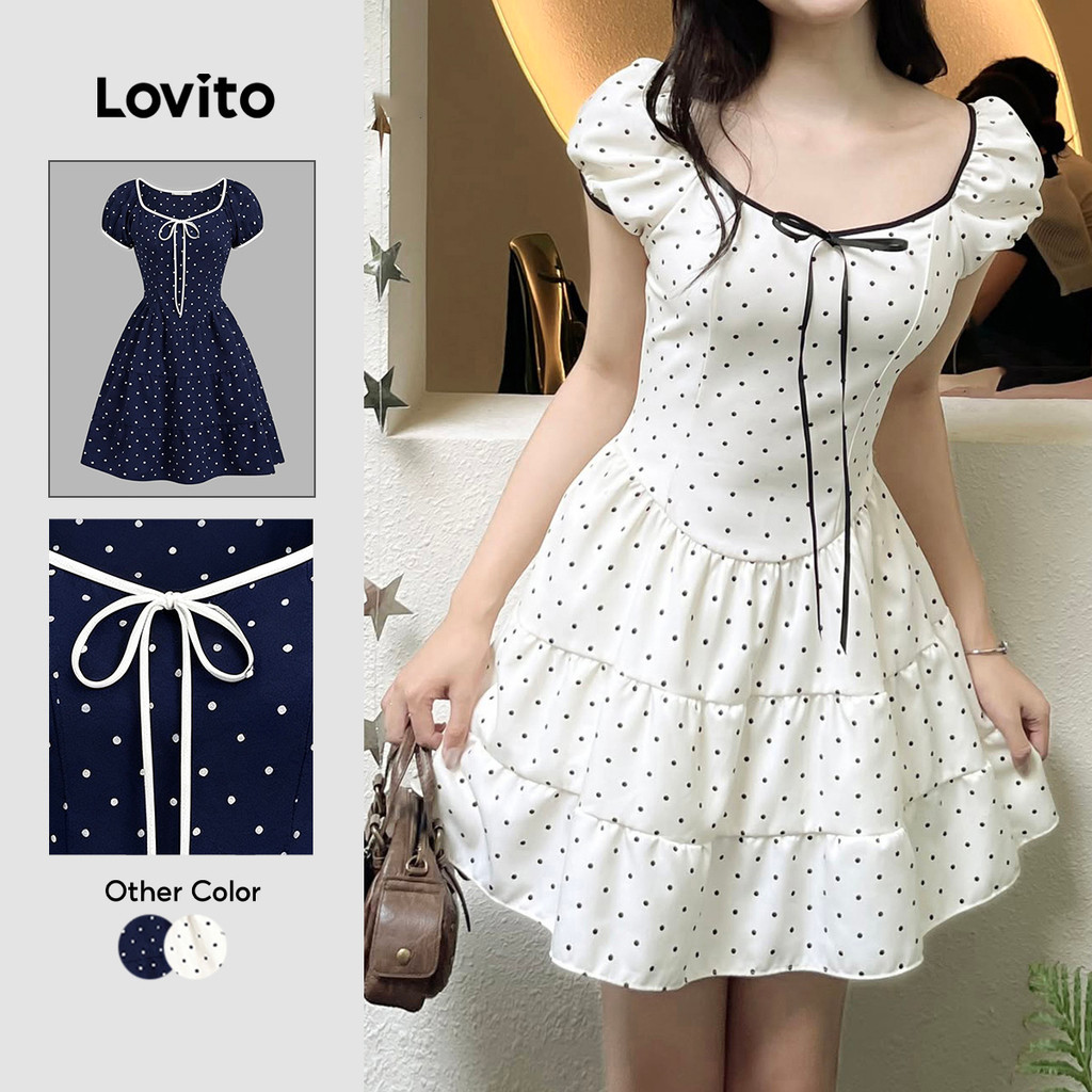 (New Arrival) Lovito Vestido Casual Preto e Branco Camadas para Mulheres Na prim