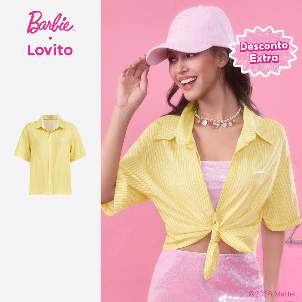 Barbie™ X Lovito Blusa Casual com Botão Primavera/verão Blusa Amarela para Mulhe