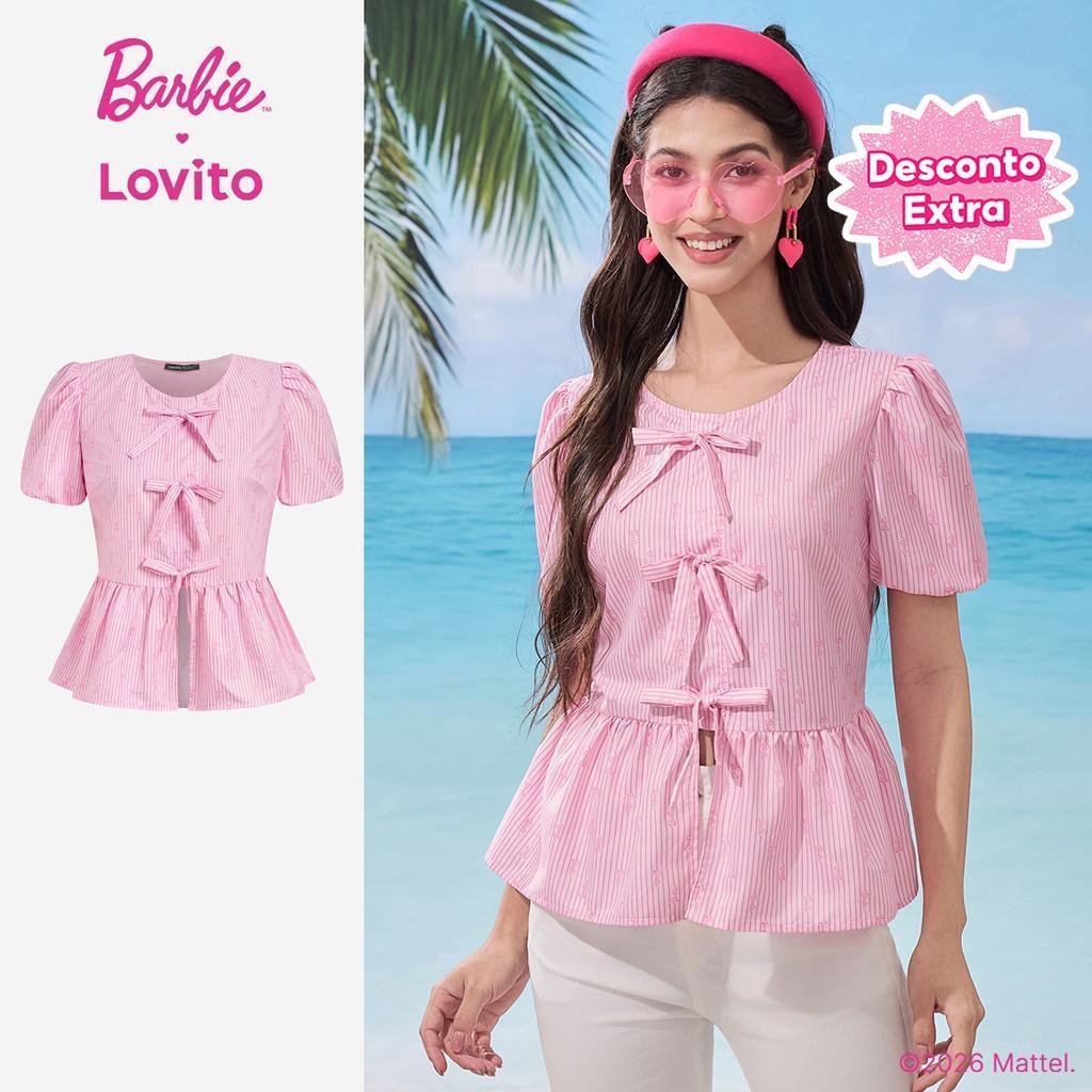 Barbie™ X Lovito Listrada Casual Blusa Estilo Coreano Laço Floral Frontal Rosa P