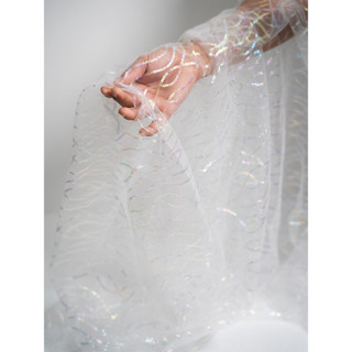Branco sinfonia listras malha renda Laser lantejoulas gradiente tecido transparente vestido de casamento Designer tecido