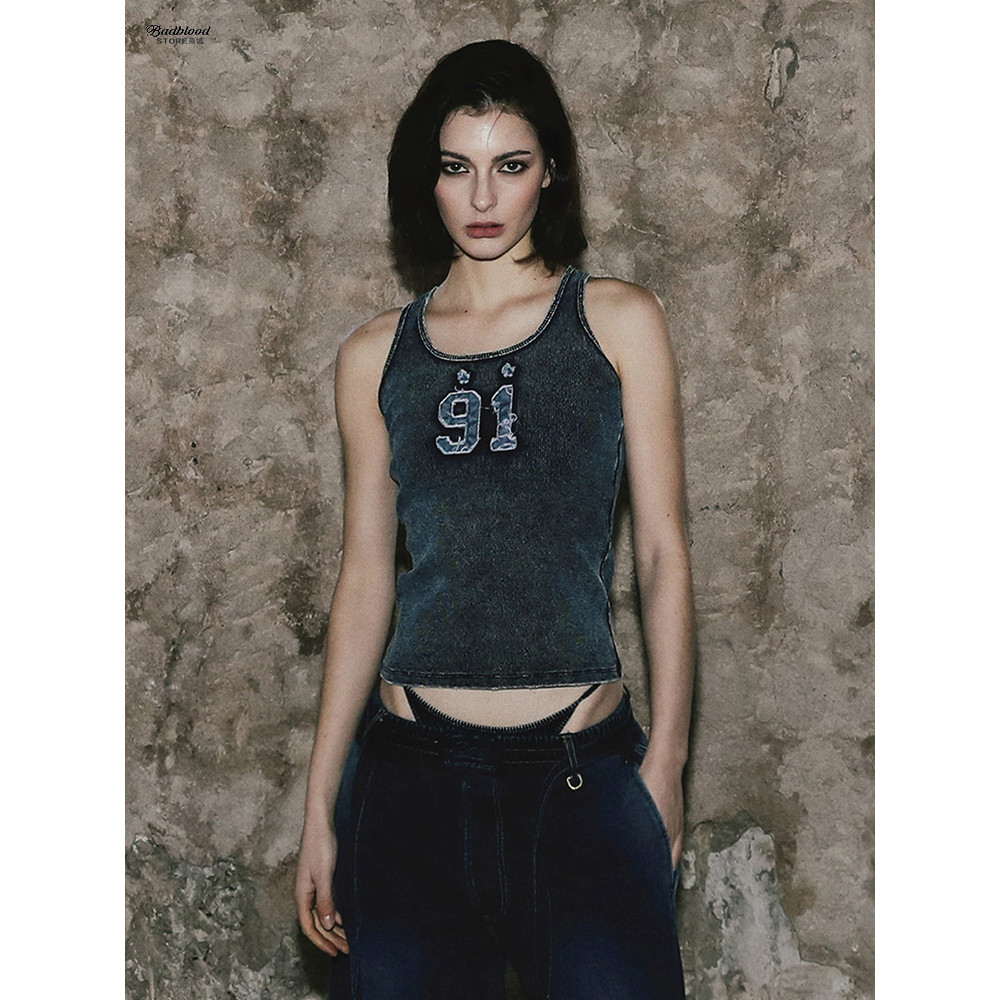 Badblood americano quente menina curto Denim em forma de I colete lazer esportes Fitness lavado angustiado camisola topo