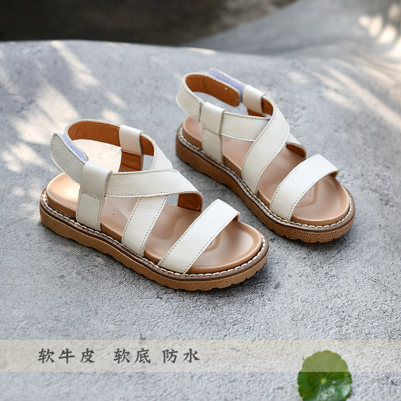Meninas estilo verão sandálias de couro genuíno 2025 sapatos de praia princesa sandálias de couro sapatos romanos versão