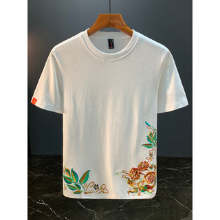 High-End Street Wear bordado verão novo estilo de manga curta camiseta masculina meia manga magro ajuste estilo chinês n