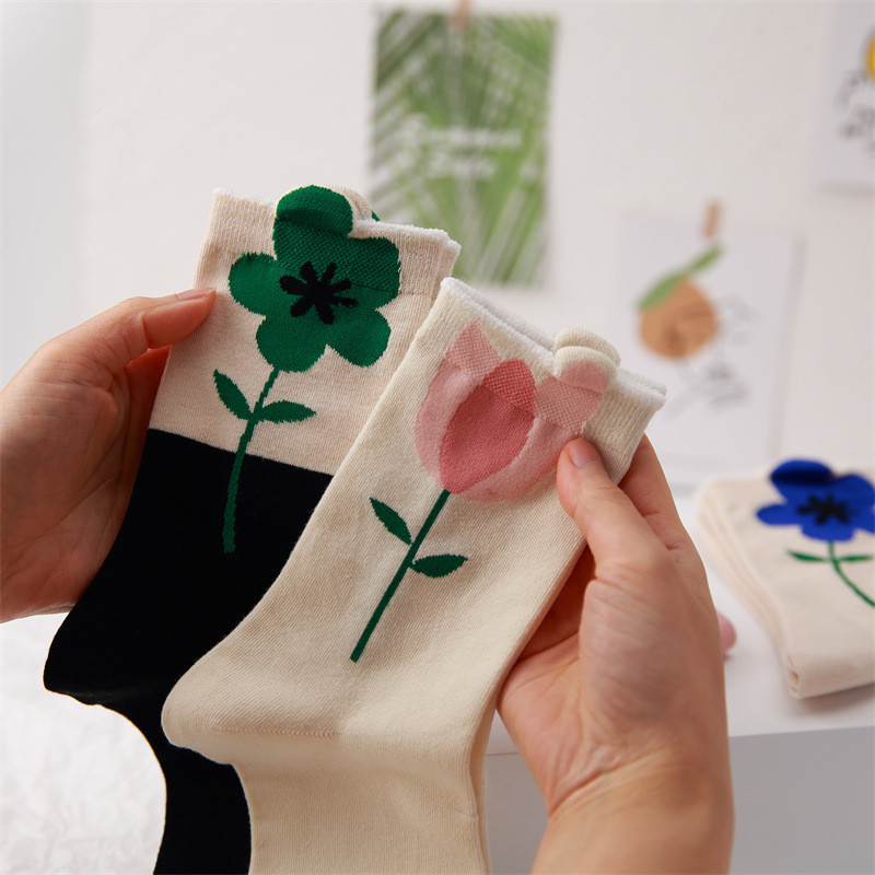 Japonês tridimensional flor tulipa puro algodão feminino meias de tubo médio esportes lazer meias respirável Swe