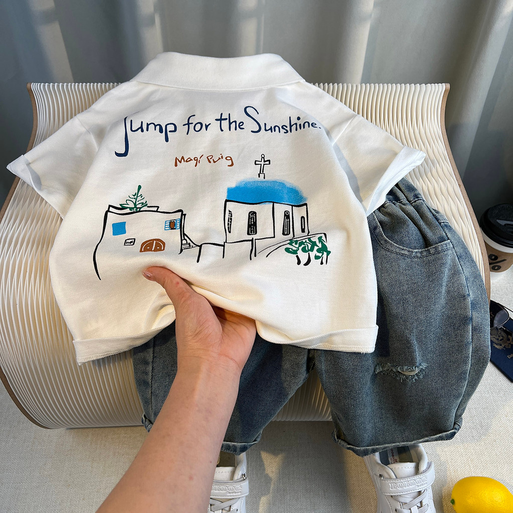 Meninos roupas de verão 2025 novo estilo rufião bonito médio grande crianças puro algodão manga curta camiseta verão cri
