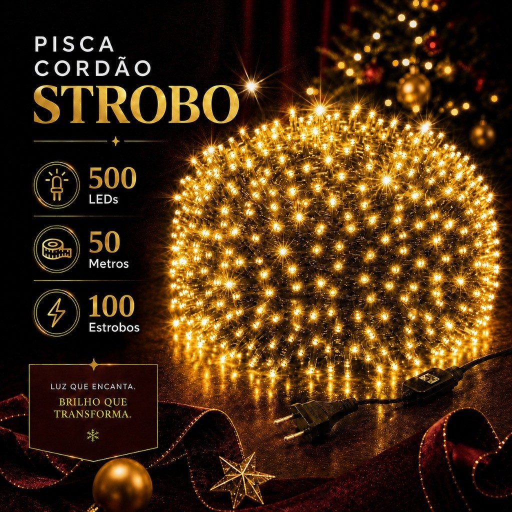 Cordão Strobo Natal 50 Metros Bivolt 500 Leds Prova D'Água Luz Branco Quente