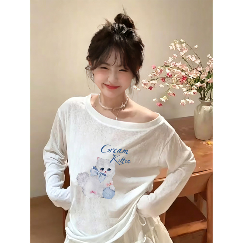 Floco de neve algodão estilo fino manga comprida camiseta feminina verão estilo coreano estilo preguiçoso solto Casual m