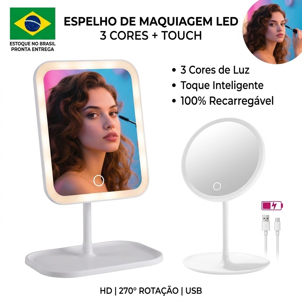 Espelho De Maquiagem Com Led Recarregável USB 3 Cores Luz Touch Screen Mesa Penteadeira Portátil Rotação 270° Premium