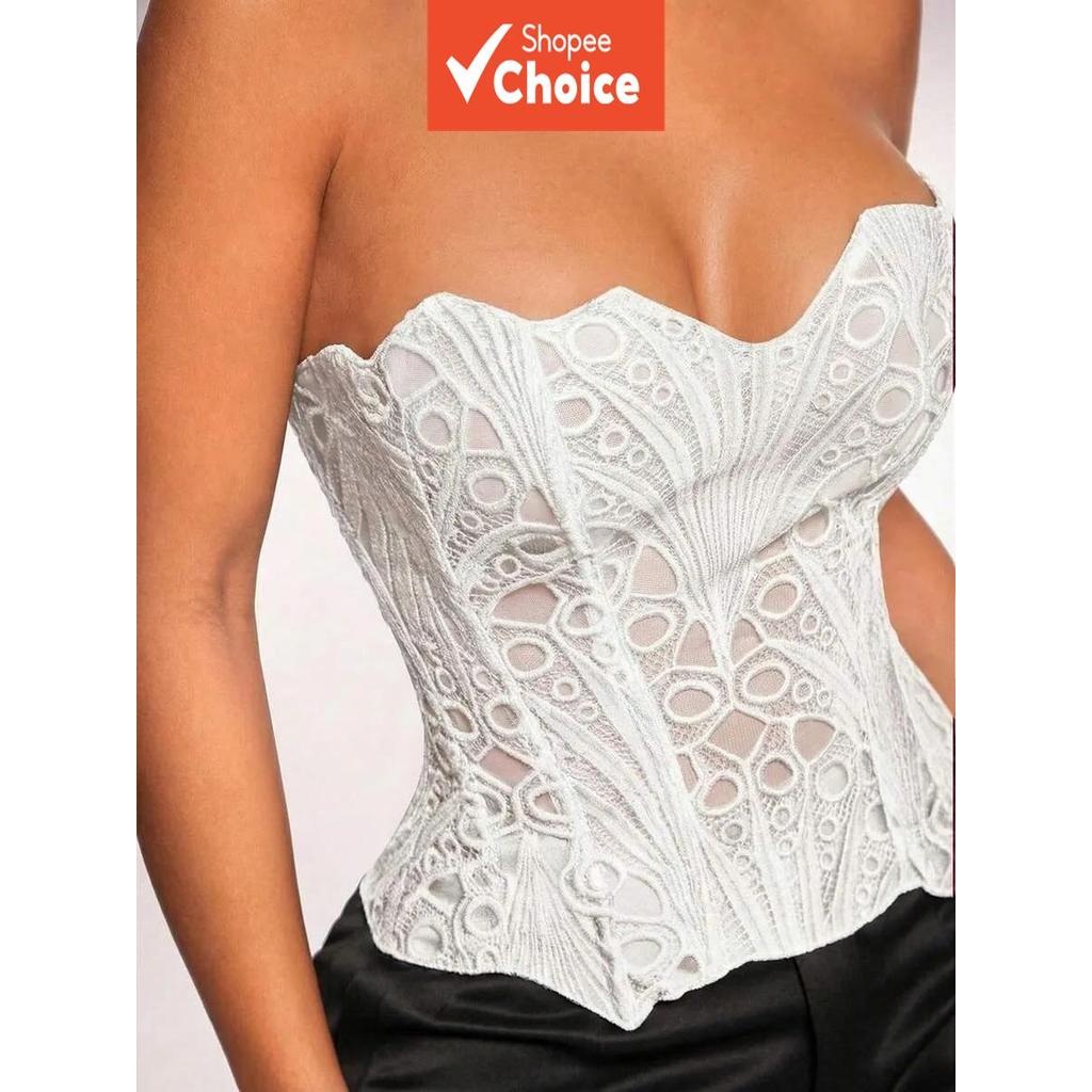 Top Curto Espartilho Branco Feminino , Modelador De Renda Transparente Frente Única , Armação , Fecho De Gravata , Bainh