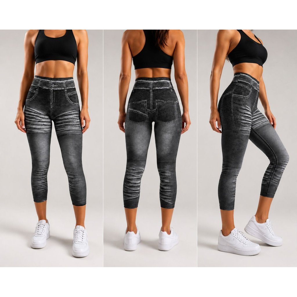 Calça Legging Feminina Fake Jeans Elástica Fitness Azul Preta P M G