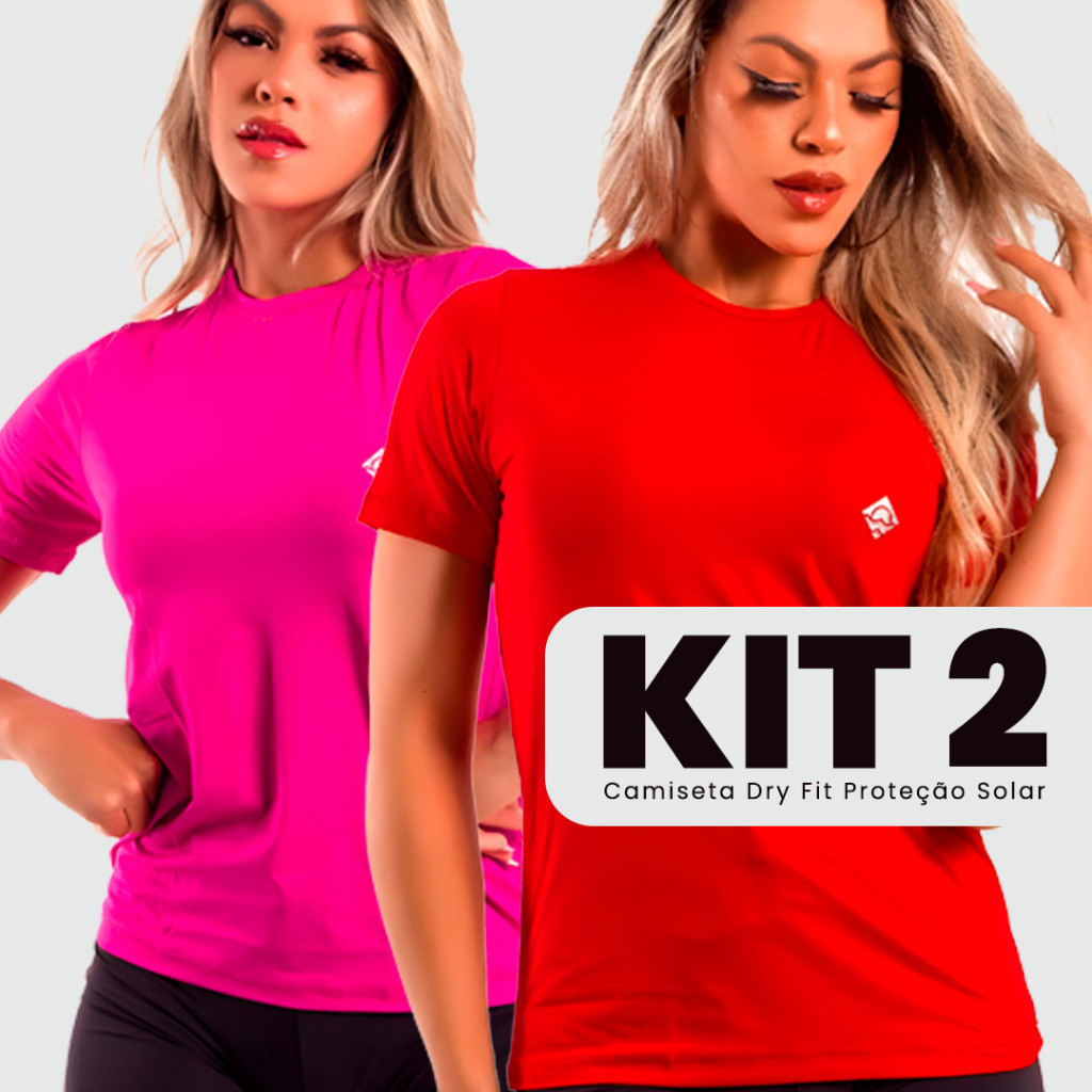 Kit 2 Camisa Feminina Academia Dry Fit Proteção Solar UV 50 Manga Curta Fitness Segunda Pele P M G